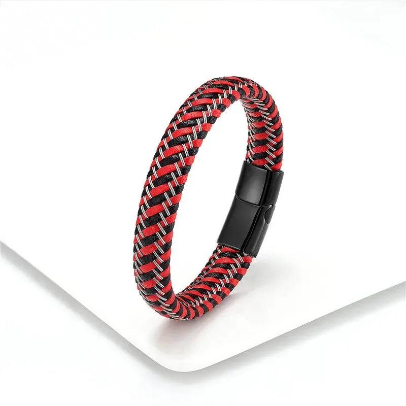 Leather Rope Bracelet Stainless Steel Leather Braided Bracelet Leather Bracelet Red Bracelet Men's Leather Jewelry