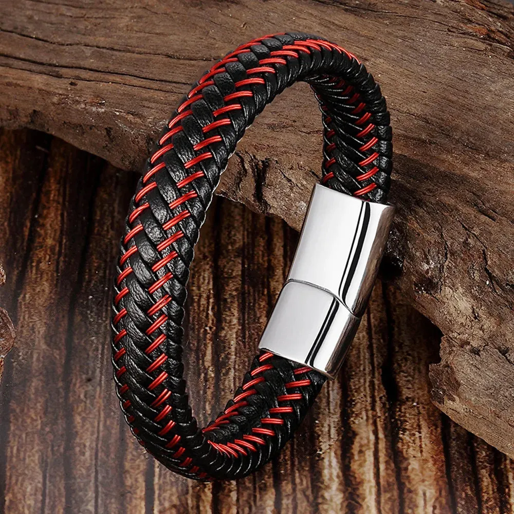 Leather Rope Bracelet Stainless Steel Leather Braided Bracelet Leather Bracelet Red Bracelet Men's Leather Jewelry