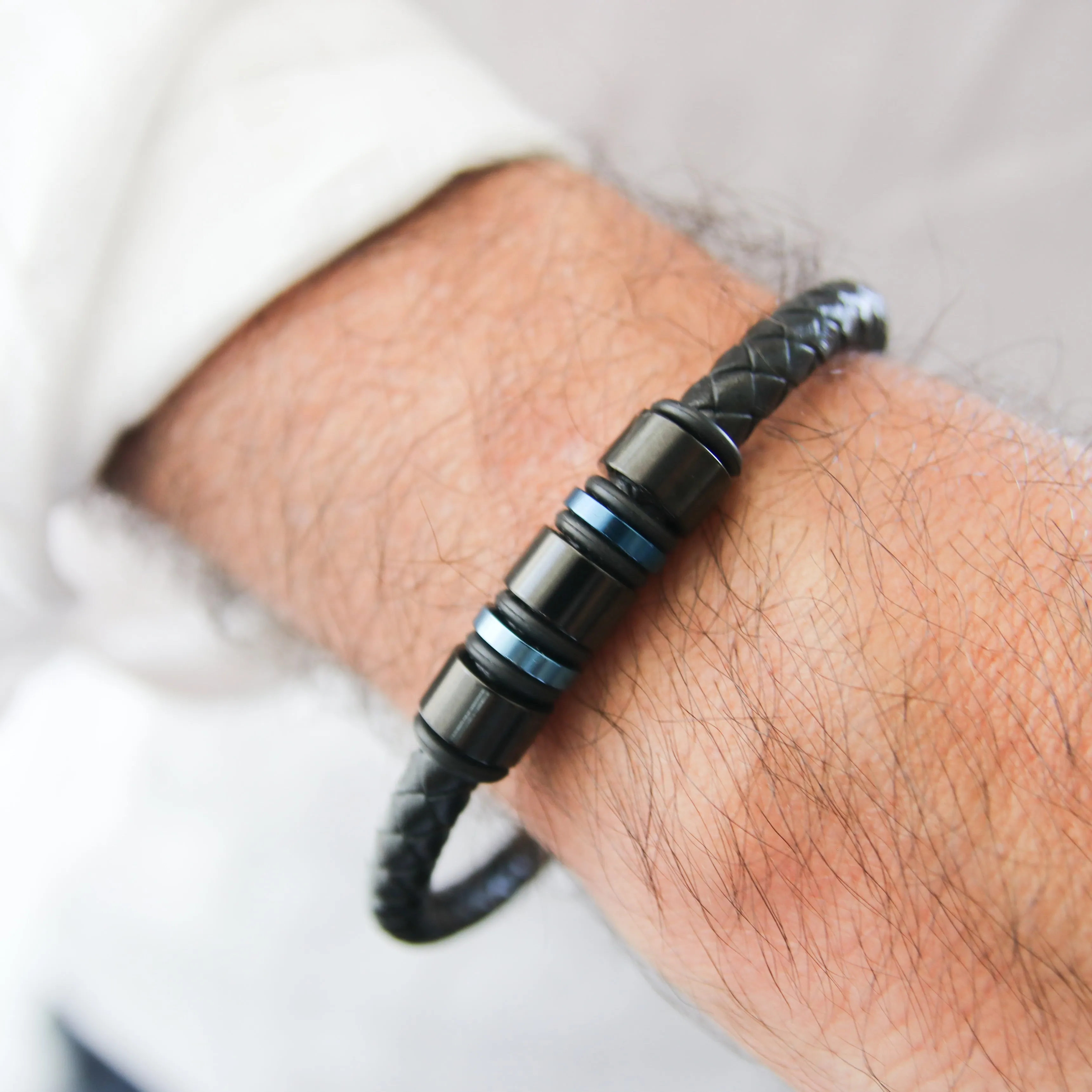 Men's Blue-Accented Black Leather Stainless Steel Bracelet