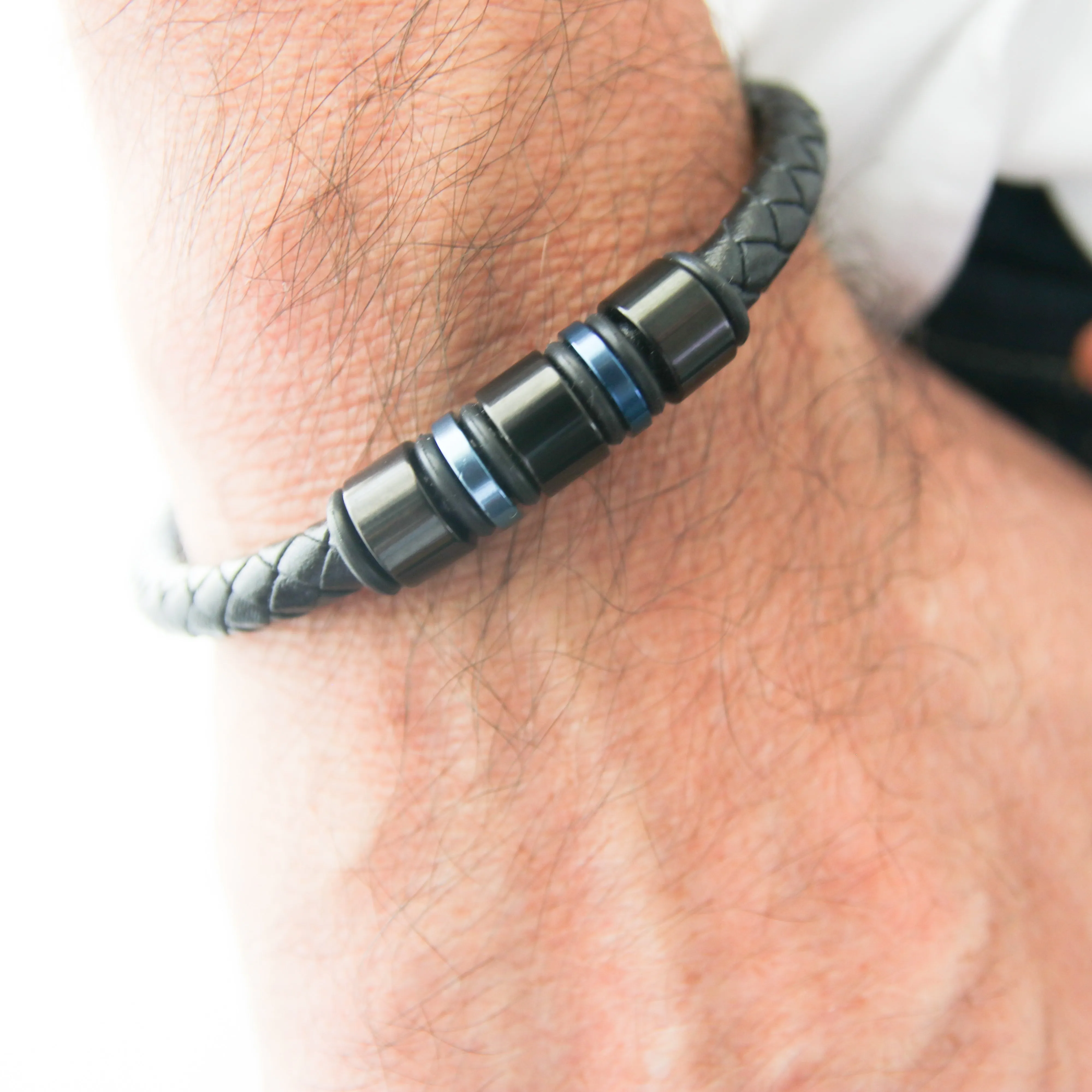 Men's Blue-Accented Black Leather Stainless Steel Bracelet