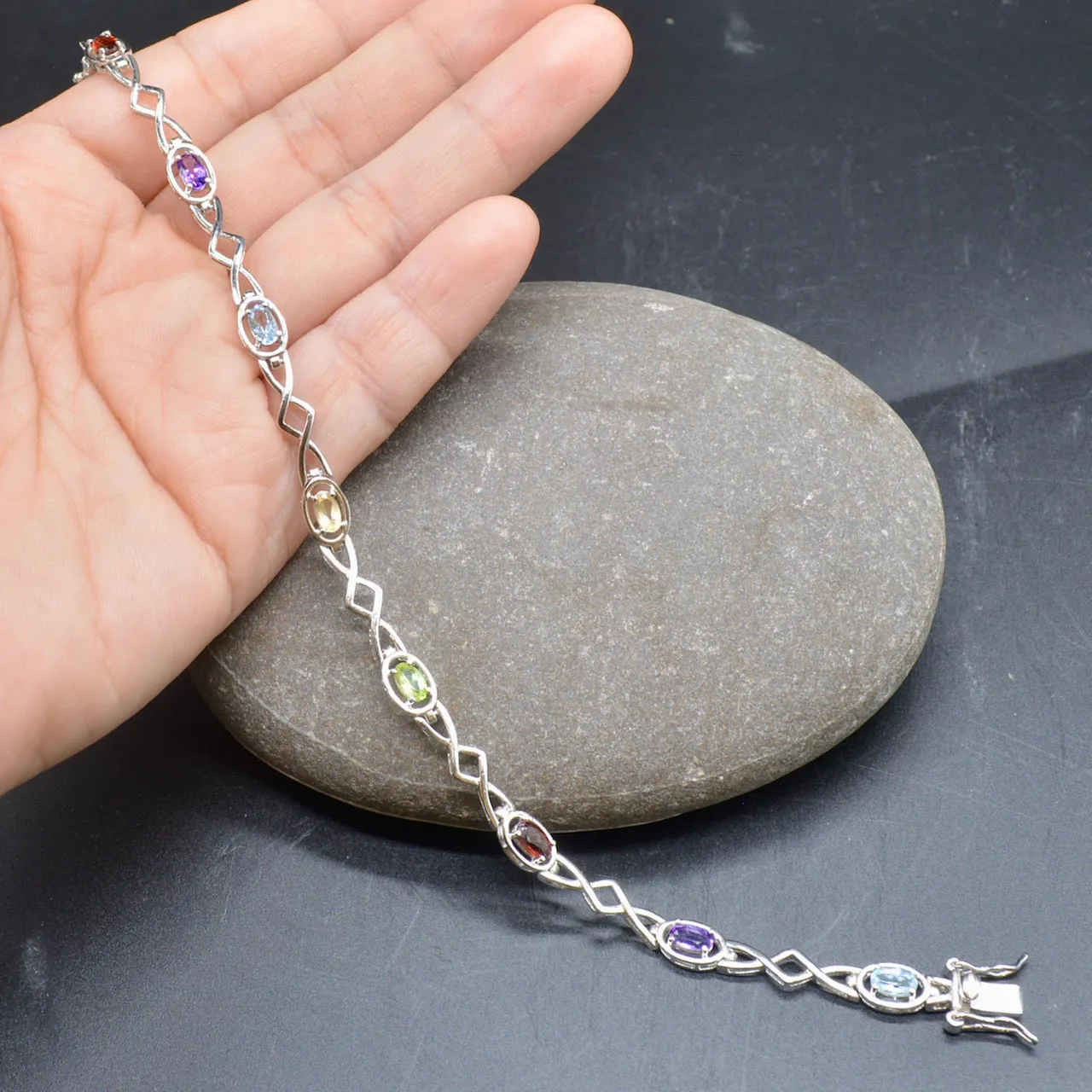 Multigems Rainbow Sterling Silver Infinity Bracelet