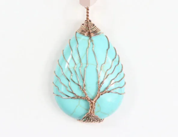 Natural Crystal Pendants Handmade Tree of Life Wrapped Drop Shaped Crystal Pendant Necklace's