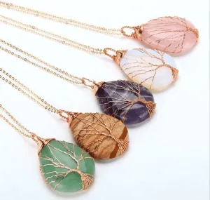 Natural Crystal Pendants Handmade Tree of Life Wrapped Drop Shaped Crystal Pendant Necklace's