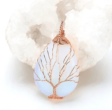 Natural Crystal Pendants Handmade Tree of Life Wrapped Drop Shaped Crystal Pendant Necklace's