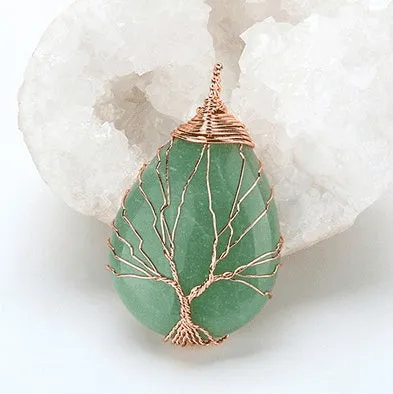 Natural Crystal Pendants Handmade Tree of Life Wrapped Drop Shaped Crystal Pendant Necklace's