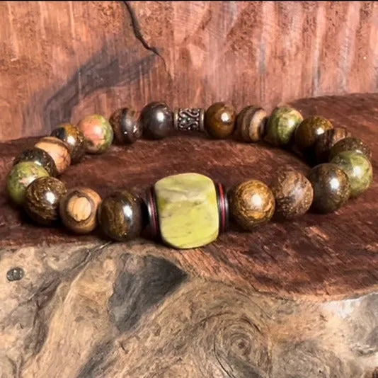 Nature's Harmony: Men's Boho Style Bracelet with Green Turquoise, Bronzite, Unakite and Wood