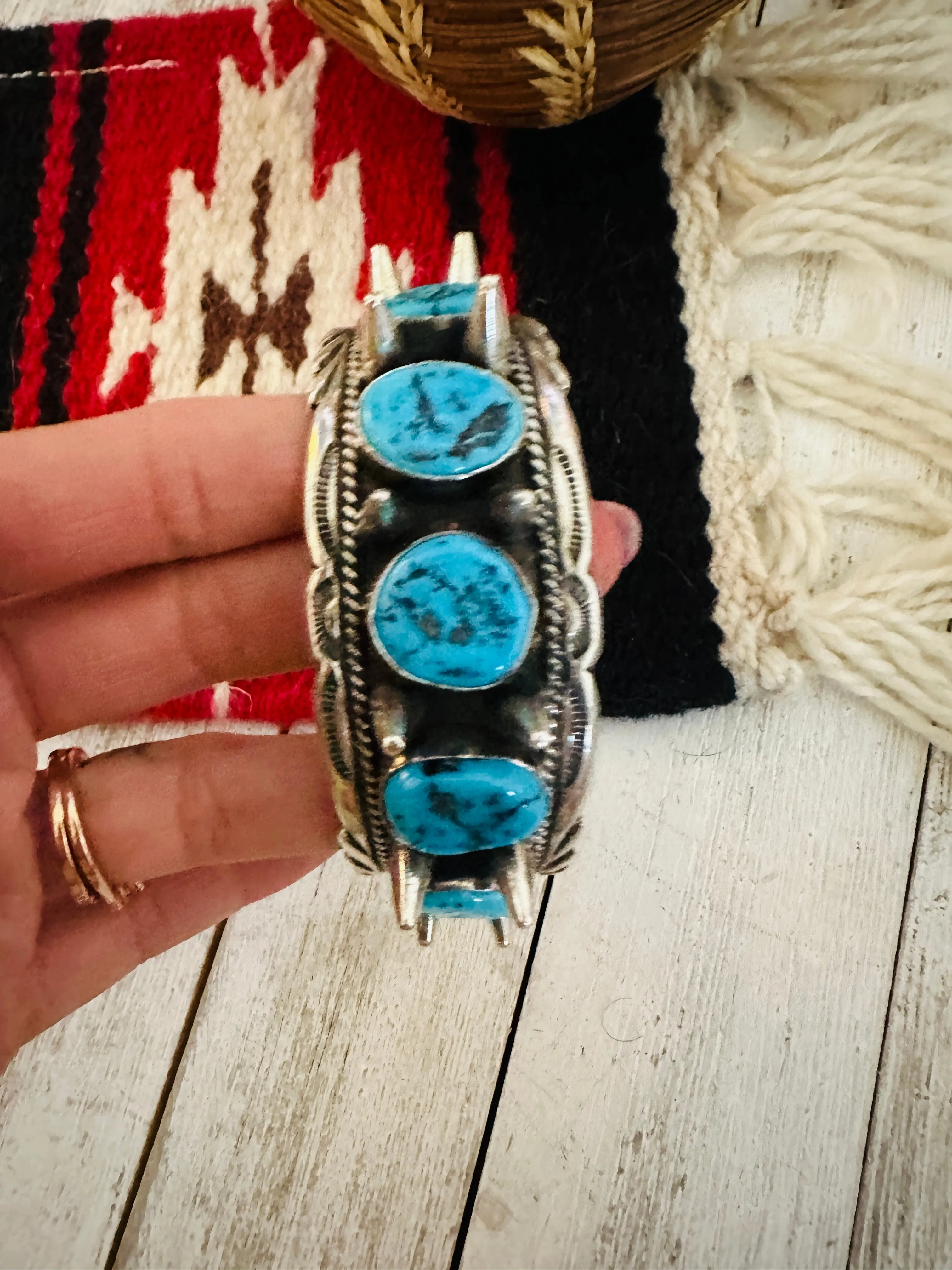 Navajo Kingman Turquoise & Sterling Silver Spiked Cuff Bracelet