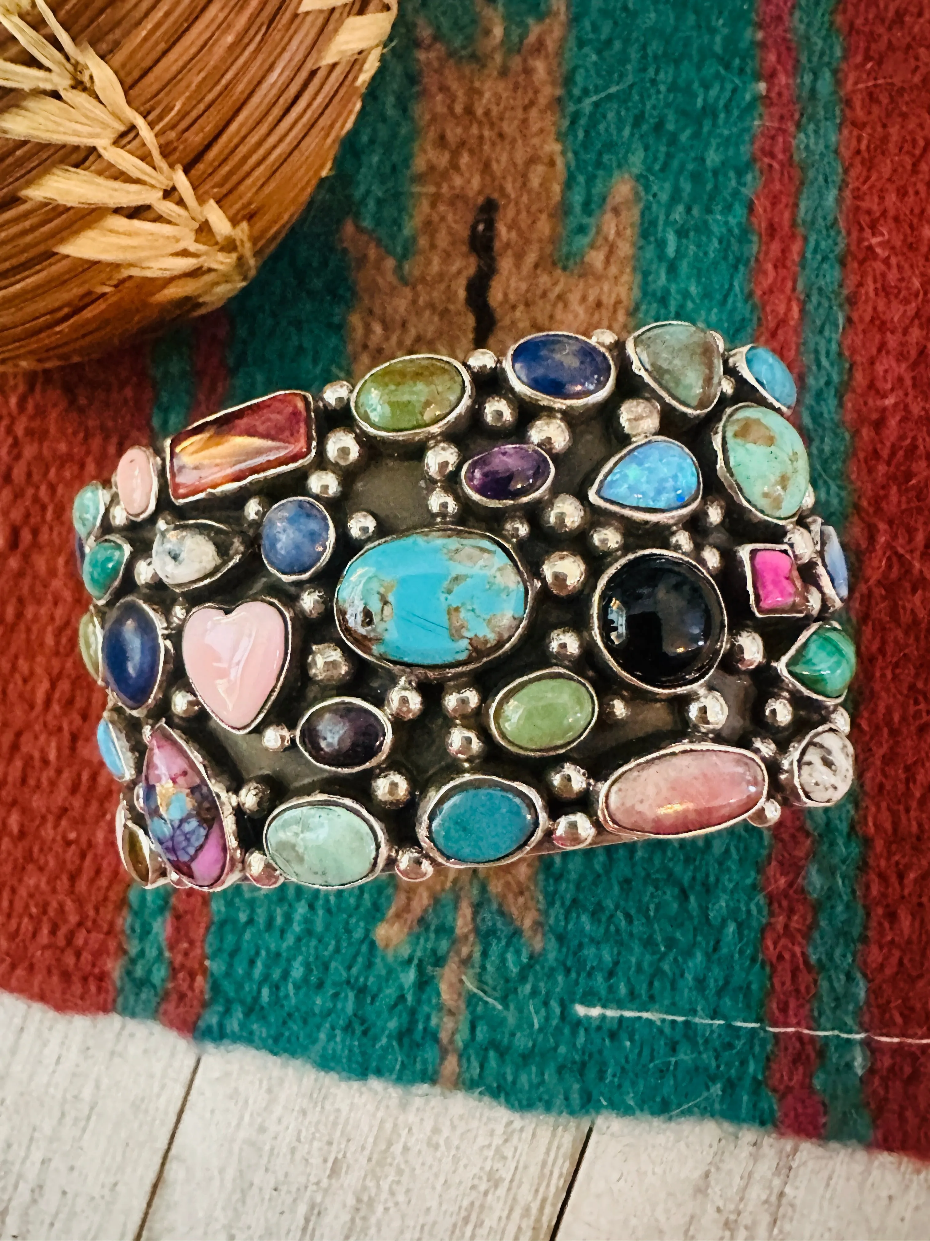 Navajo Multi Stone & Sterling Silver Cluster Cuff Bracelet