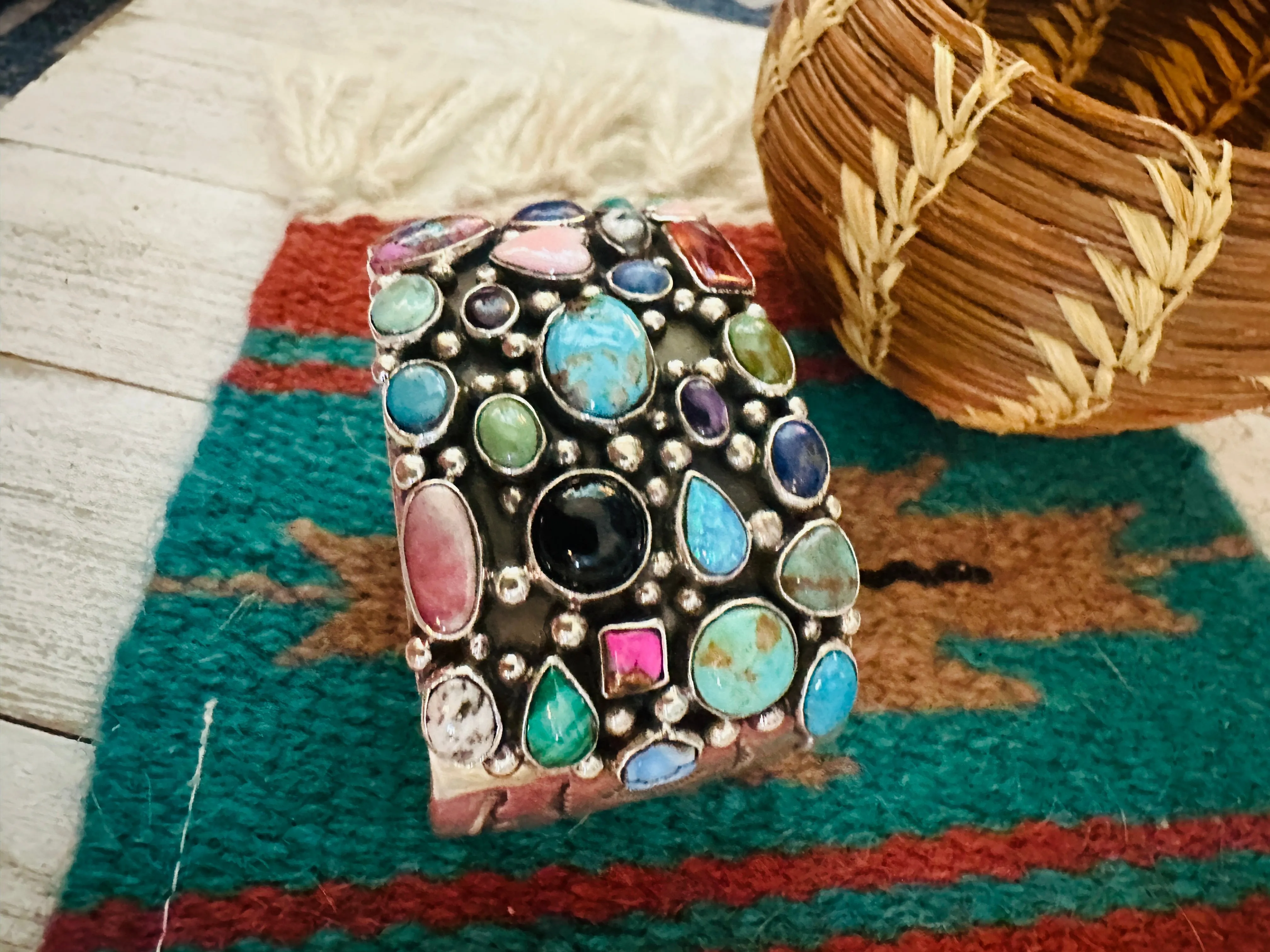 Navajo Multi Stone & Sterling Silver Cluster Cuff Bracelet