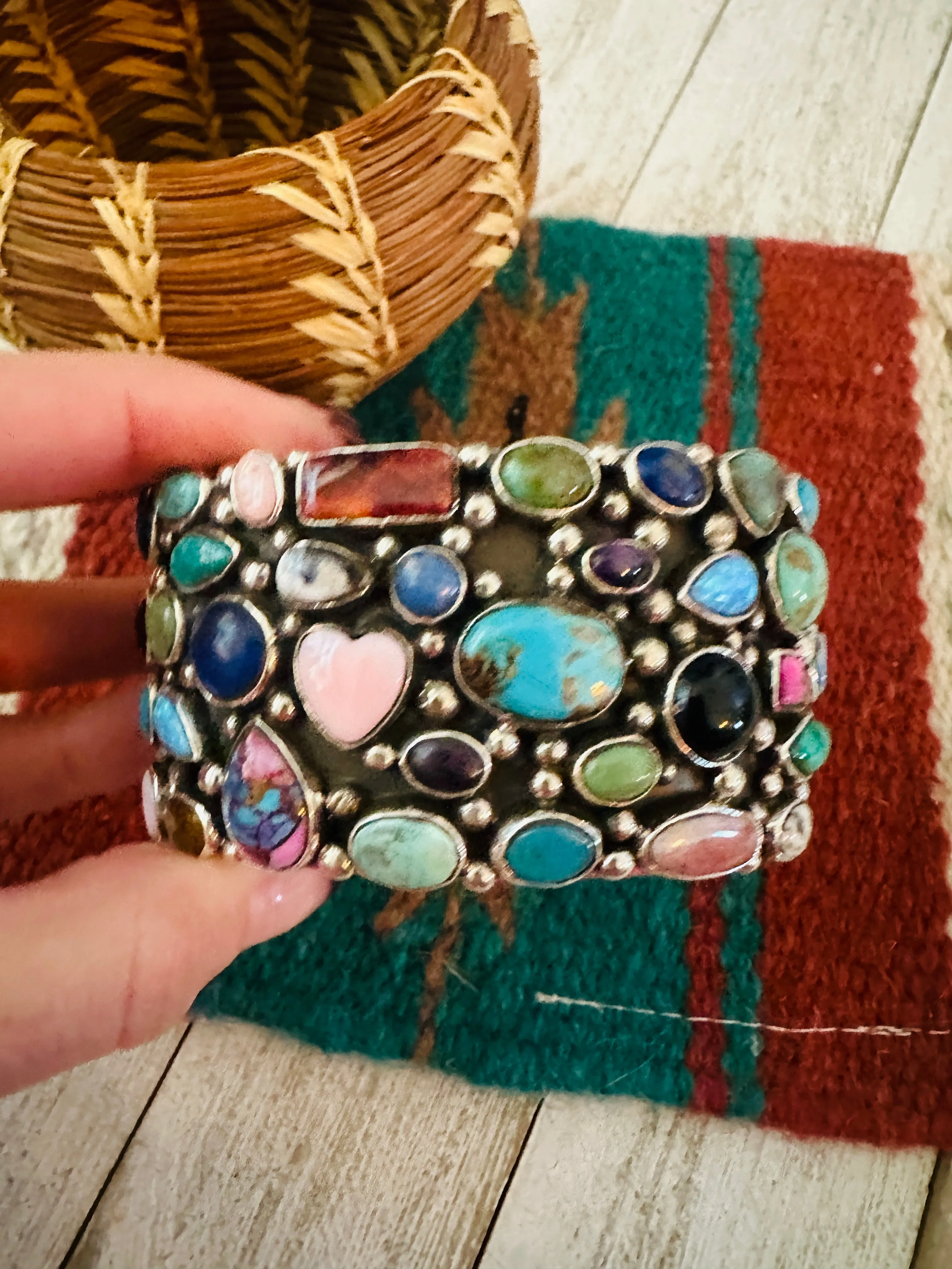 Navajo Multi Stone & Sterling Silver Cluster Cuff Bracelet