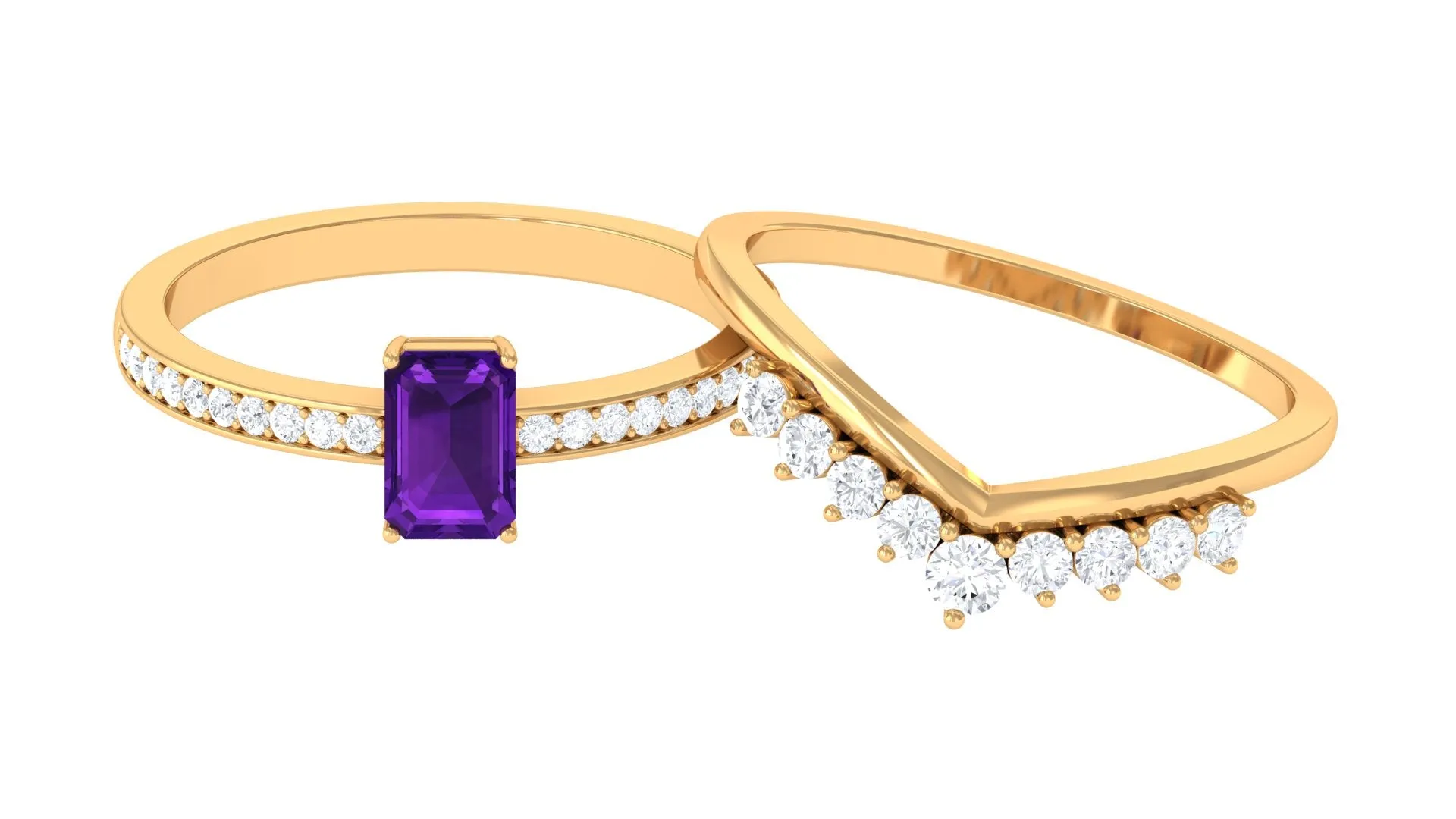 Octagon Cut Amethyst and Diamond Stackable Ring Set