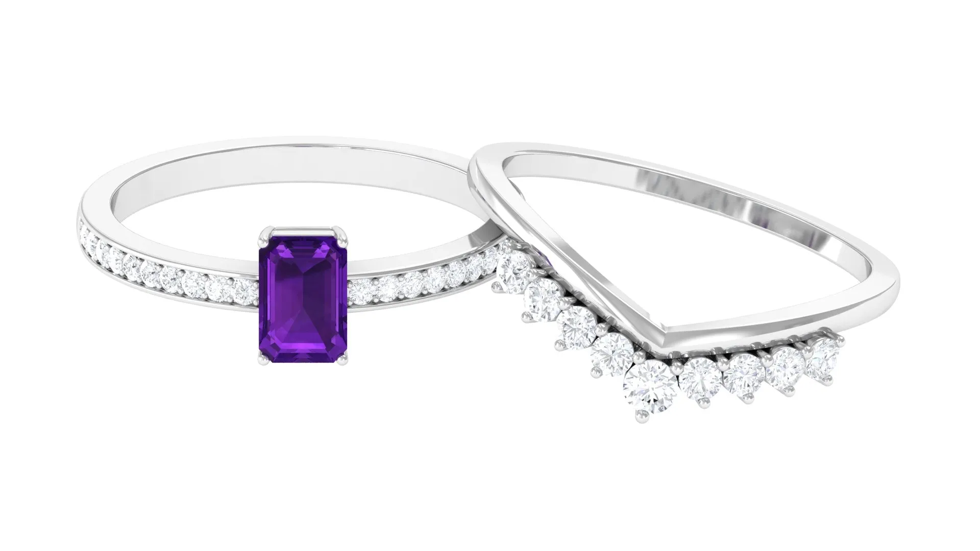 Octagon Cut Amethyst and Diamond Stackable Ring Set