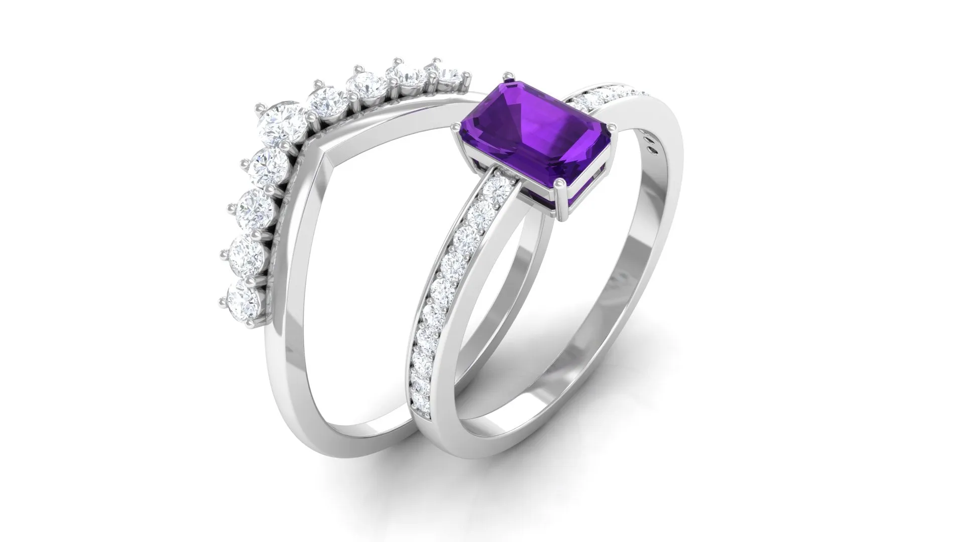 Octagon Cut Amethyst and Diamond Stackable Ring Set