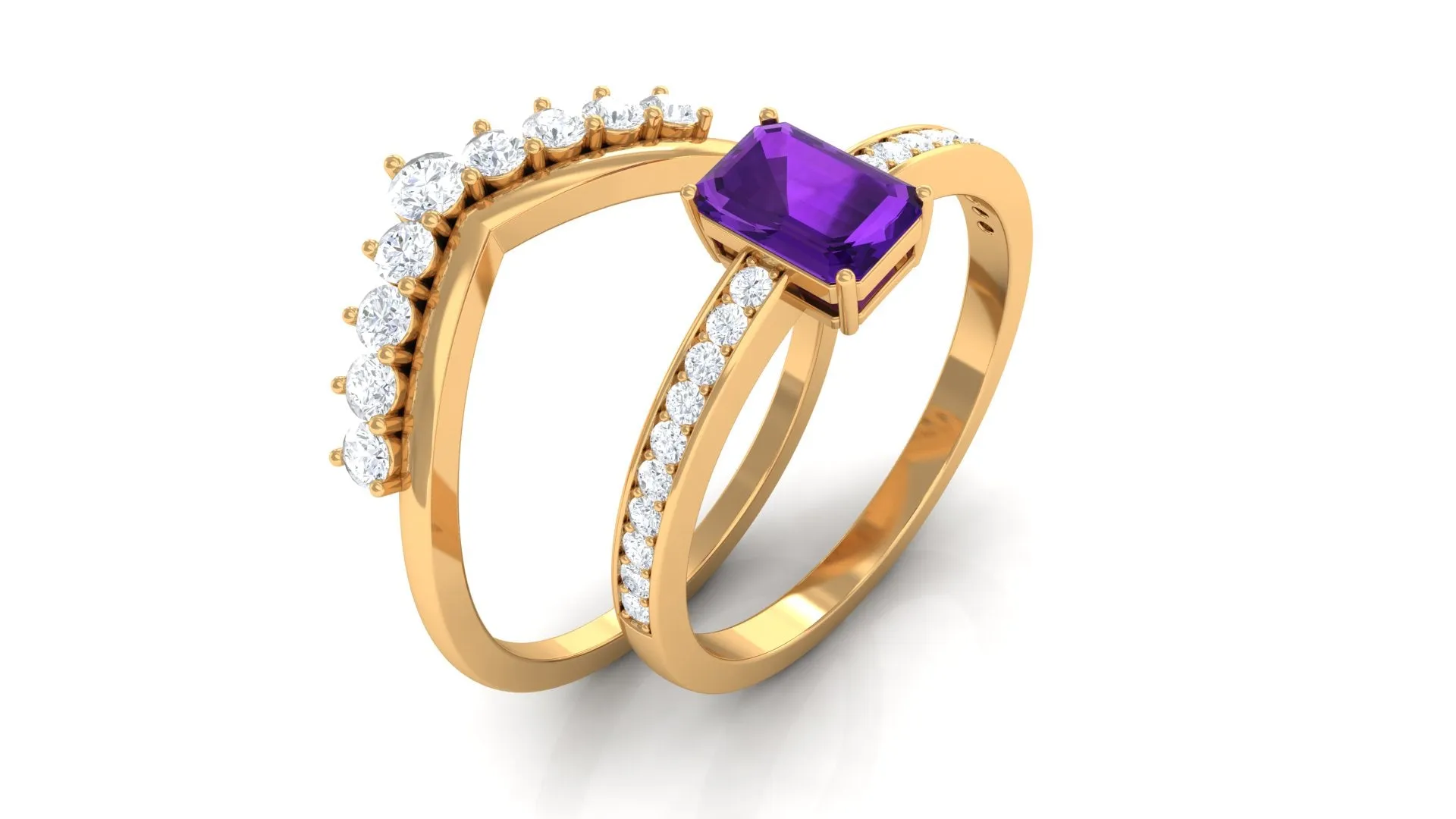 Octagon Cut Amethyst and Diamond Stackable Ring Set