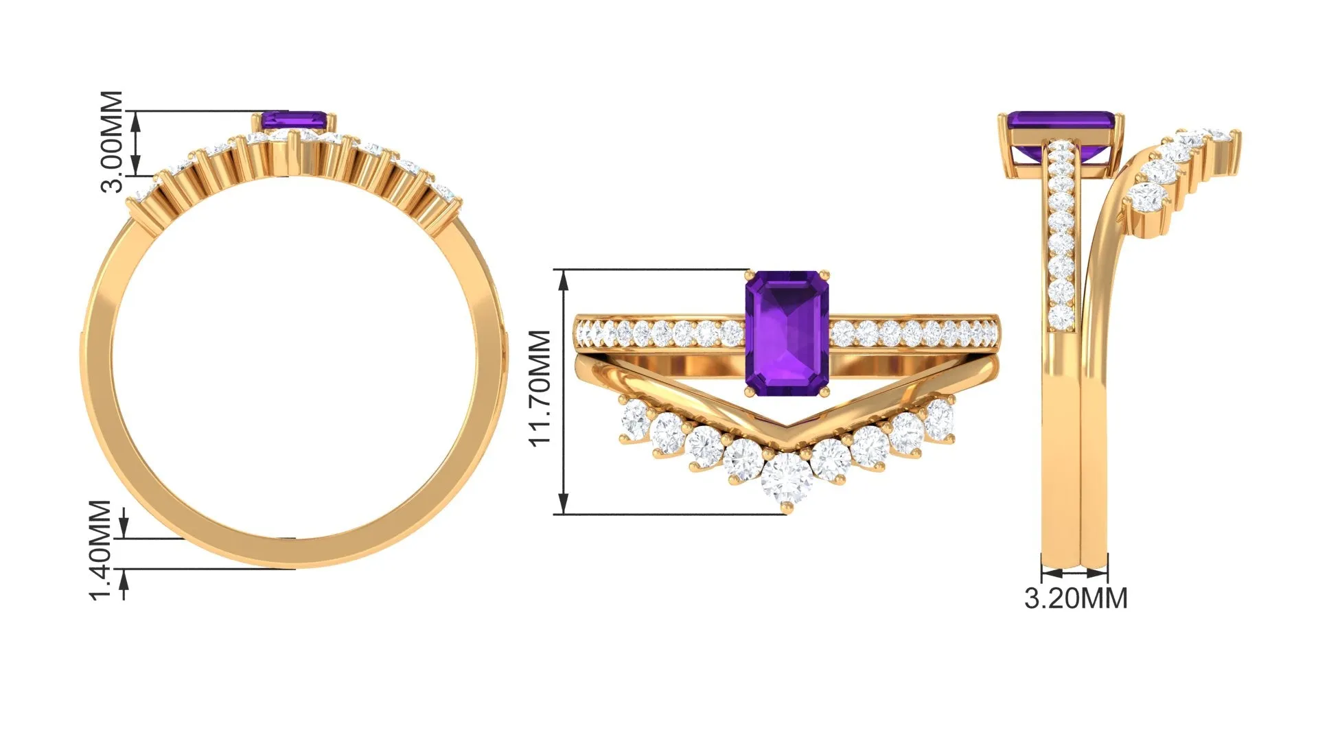 Octagon Cut Amethyst and Diamond Stackable Ring Set