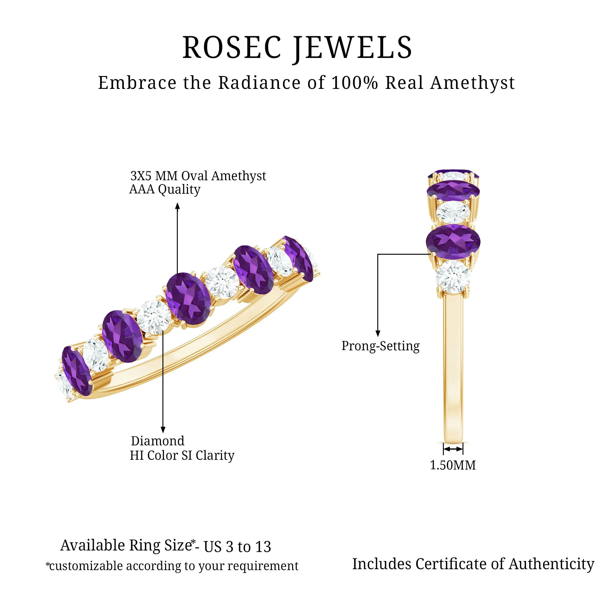 Oval Amethyst and Diamond Alternate Half Eternity Ring