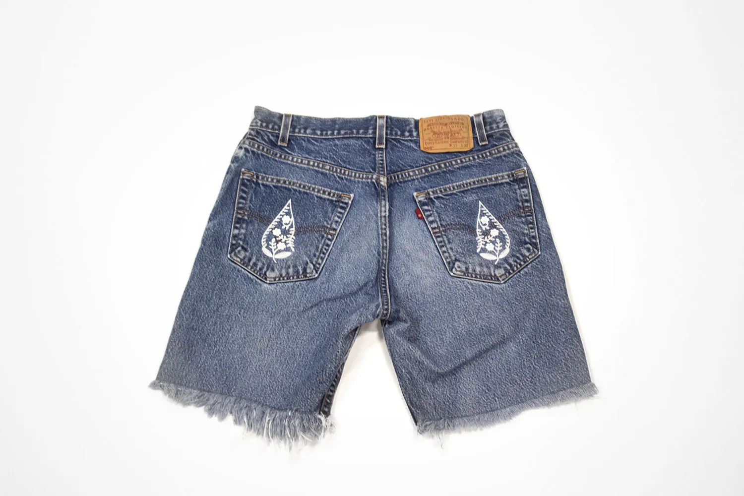 Paisley Drop Cut Offs - Vintage Women’s Denim Levi Shorts with Embroidery