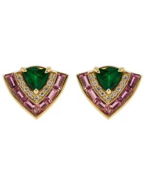 Pink Sapphire, Emerald, and Diamond Tiered Stud Earrings