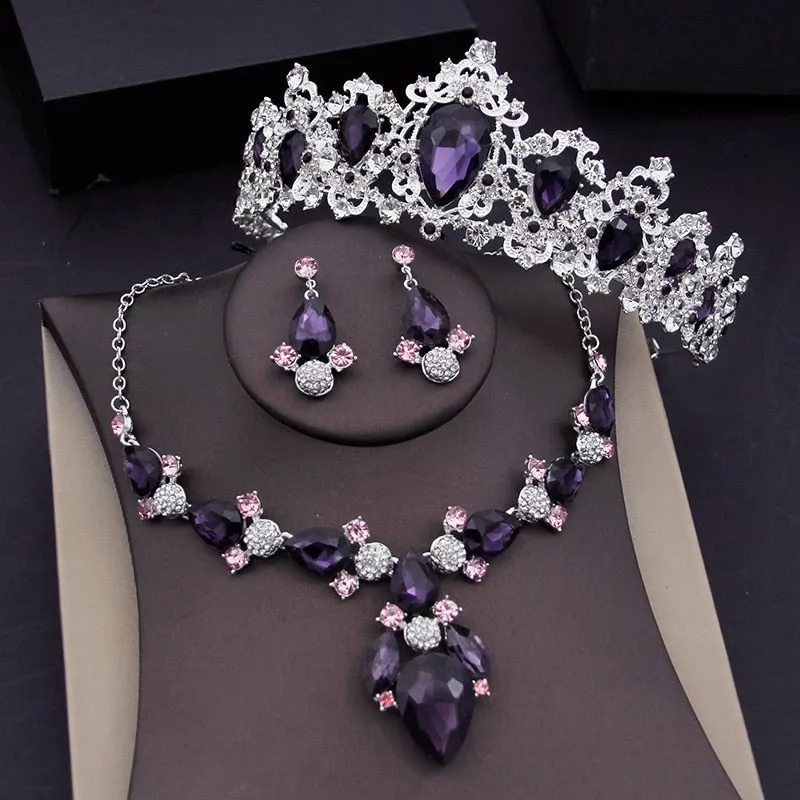 Purple Crystal Crown Bridal Jewelry Sets Fashion Tiaras Earrings Necklaces Accessories Set