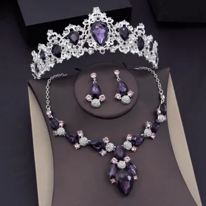 Purple Crystal Crown Bridal Jewelry Sets Fashion Tiaras Earrings Necklaces Accessories Set