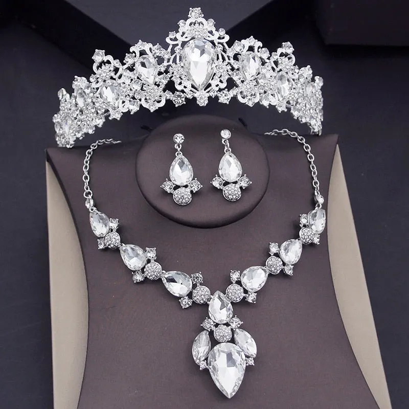 Purple Crystal Crown Bridal Jewelry Sets Fashion Tiaras Earrings Necklaces Accessories Set