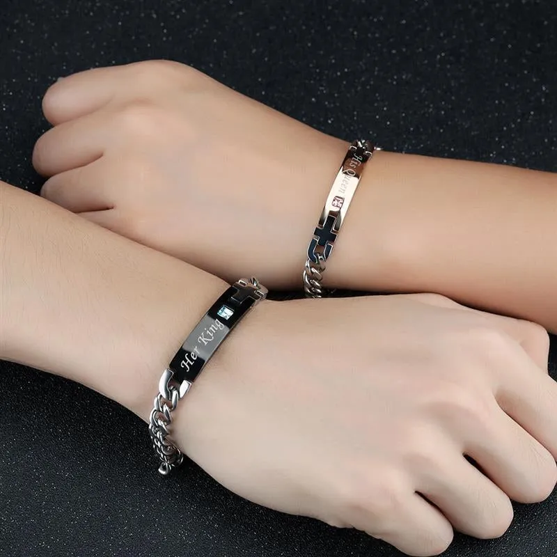 "Her King" & "His Queen" Titanium Couples Bracelet -/Crystal Charm & Cross