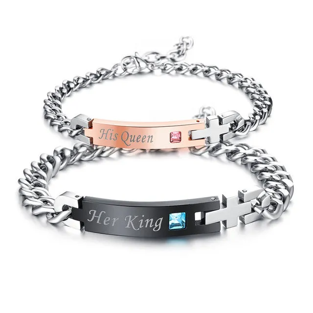 "Her King" & "His Queen" Titanium Couples Bracelet -/Crystal Charm & Cross