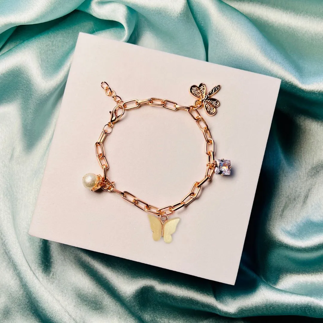 Rack Jack Rose Gold Plated Charms Bracelet Butterfly Pearl Diamond Adjustable Free Size | Birthday Gift for Girls and Women Anniversary Gift for Wife - Yellow