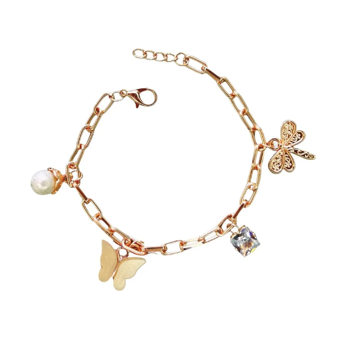 Rack Jack Rose Gold Plated Charms Bracelet Butterfly Pearl Diamond Adjustable Free Size | Birthday Gift for Girls and Women Anniversary Gift for Wife - Yellow