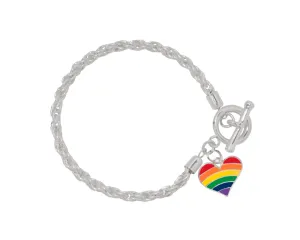 Rainbow Heart Gay Pride Charm Silver Rope Bracelets