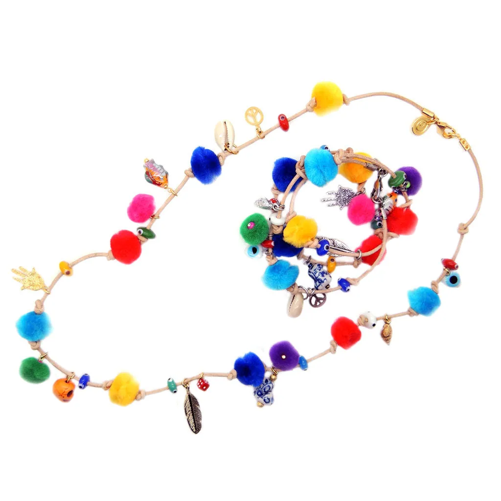 Rainbow Pompom Lucky Charms Leather Cord Bracelet