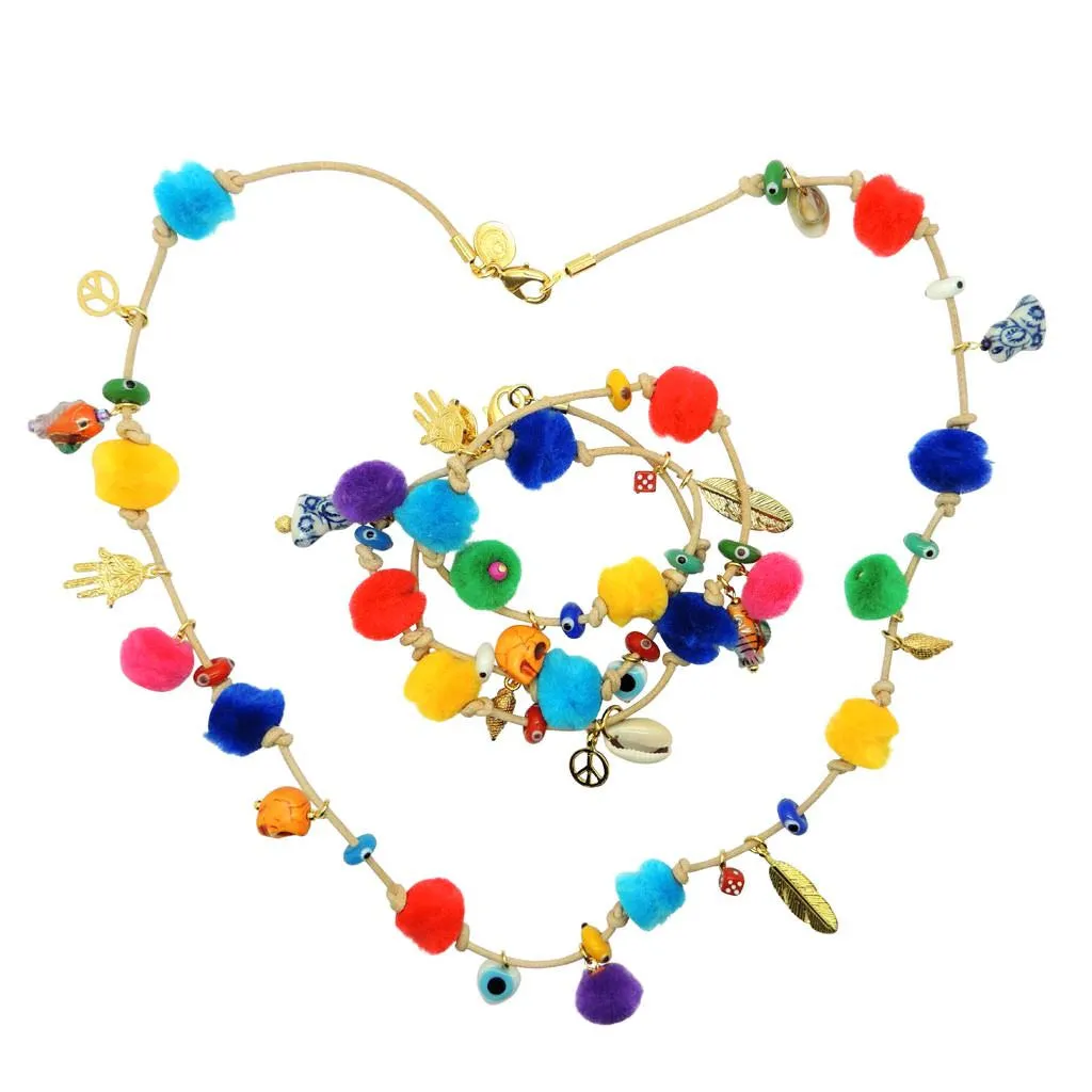 Rainbow Pompom Lucky Charms Leather Cord Bracelet