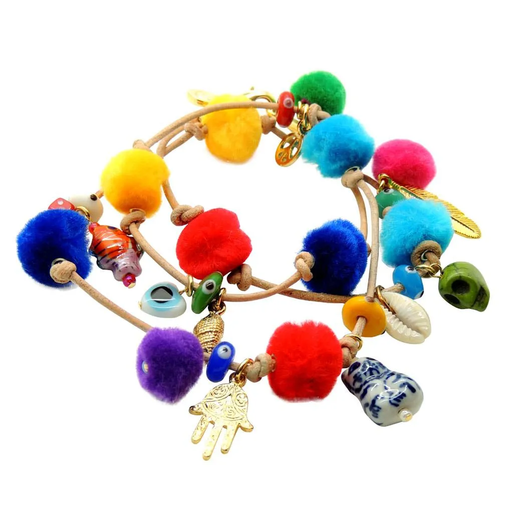 Rainbow Pompom Lucky Charms Leather Cord Bracelet