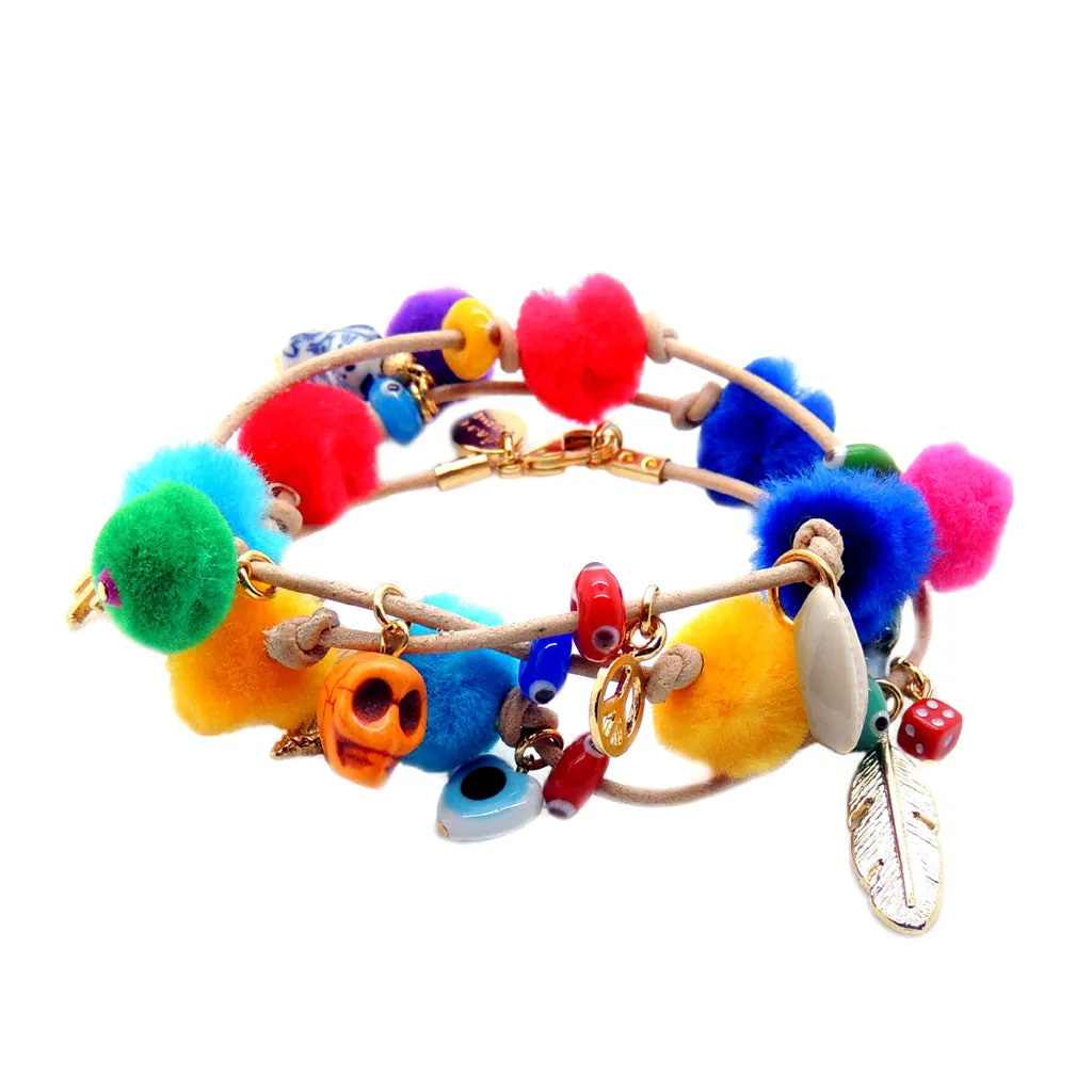 Rainbow Pompom Lucky Charms Leather Cord Bracelet