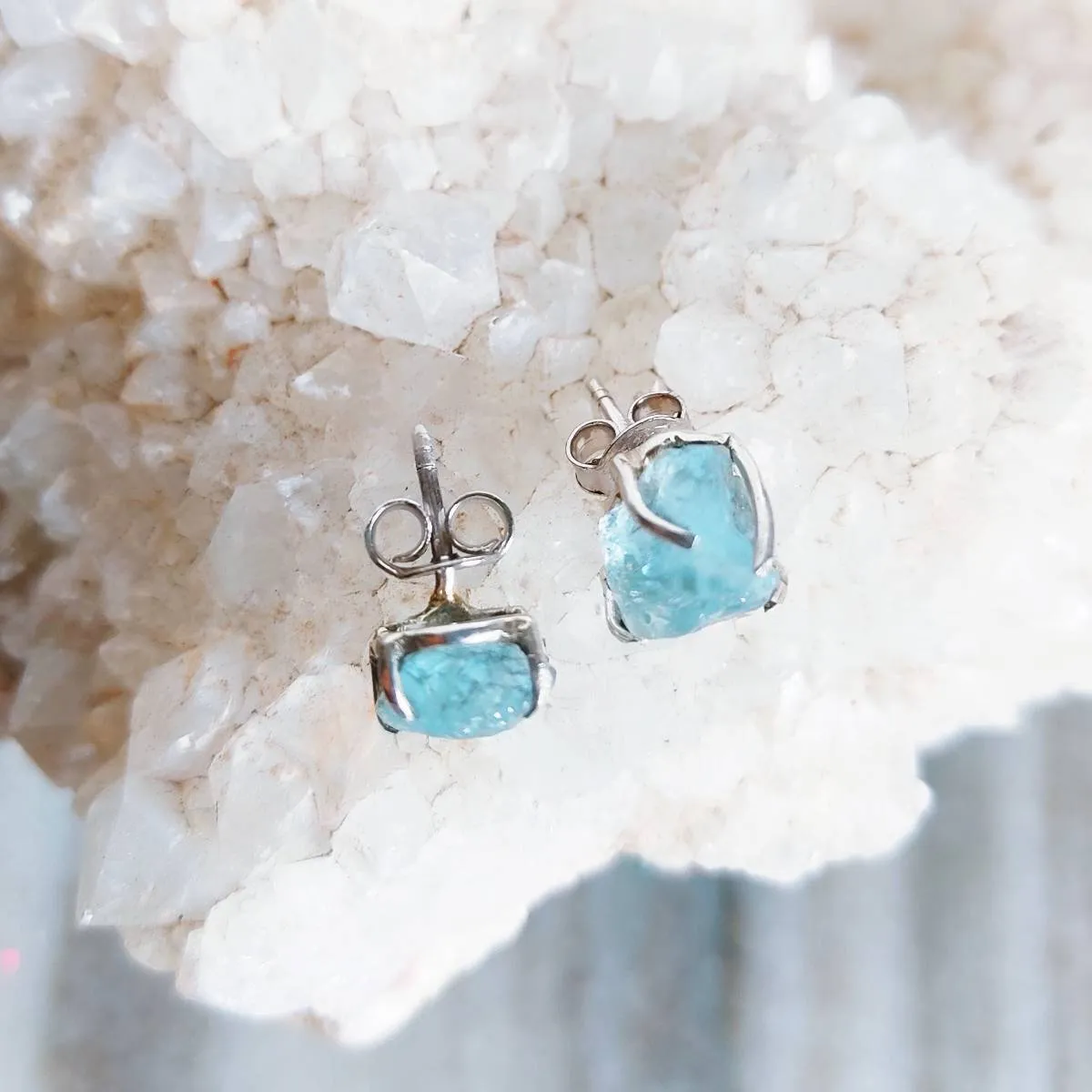 Raw Aquamarine Crystal Stud Earrings