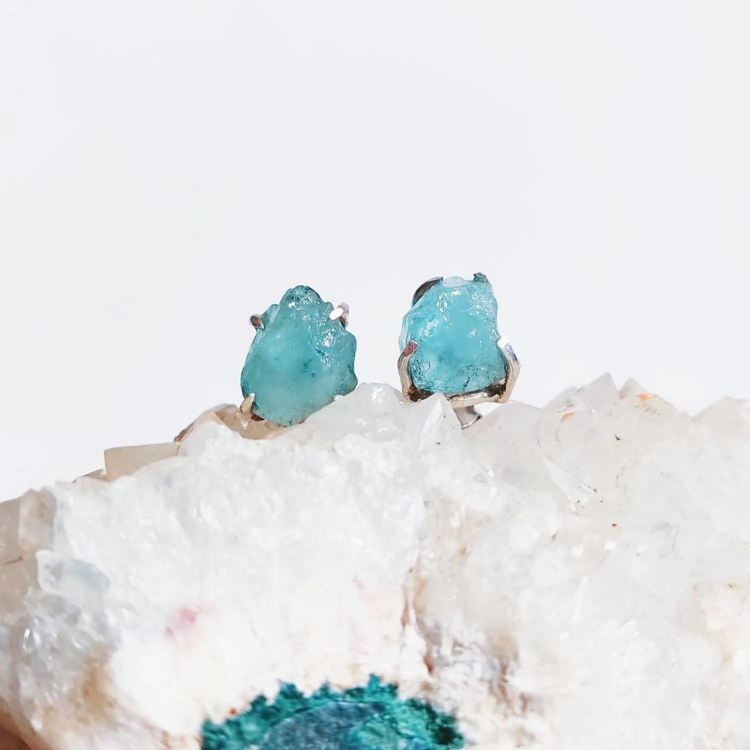 Raw Aquamarine Crystal Stud Earrings