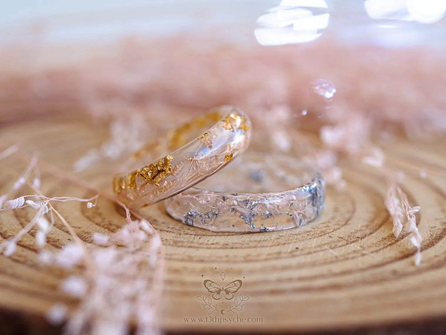 Real light pink leaves resin ring with metal flakes