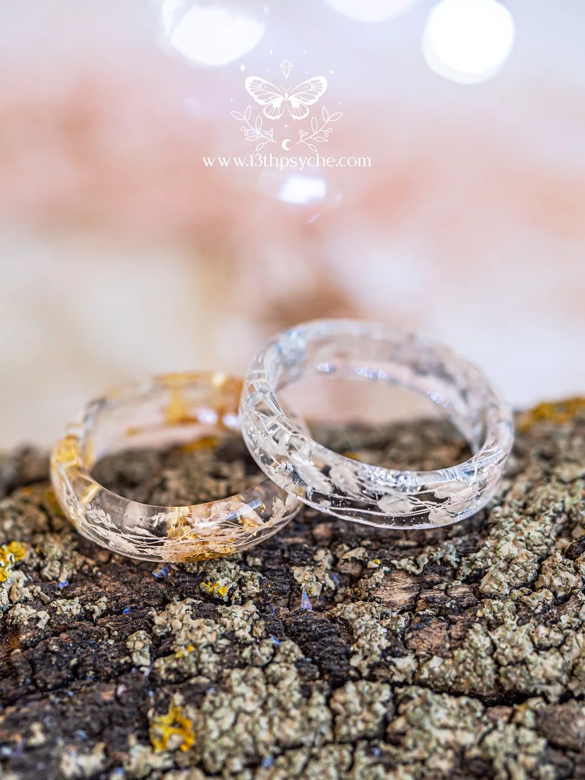 Real light pink leaves resin ring with metal flakes