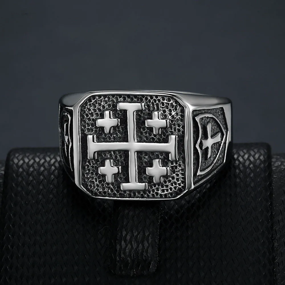 RECTANGULAR GERUSALEM CROSS SIGNET RING