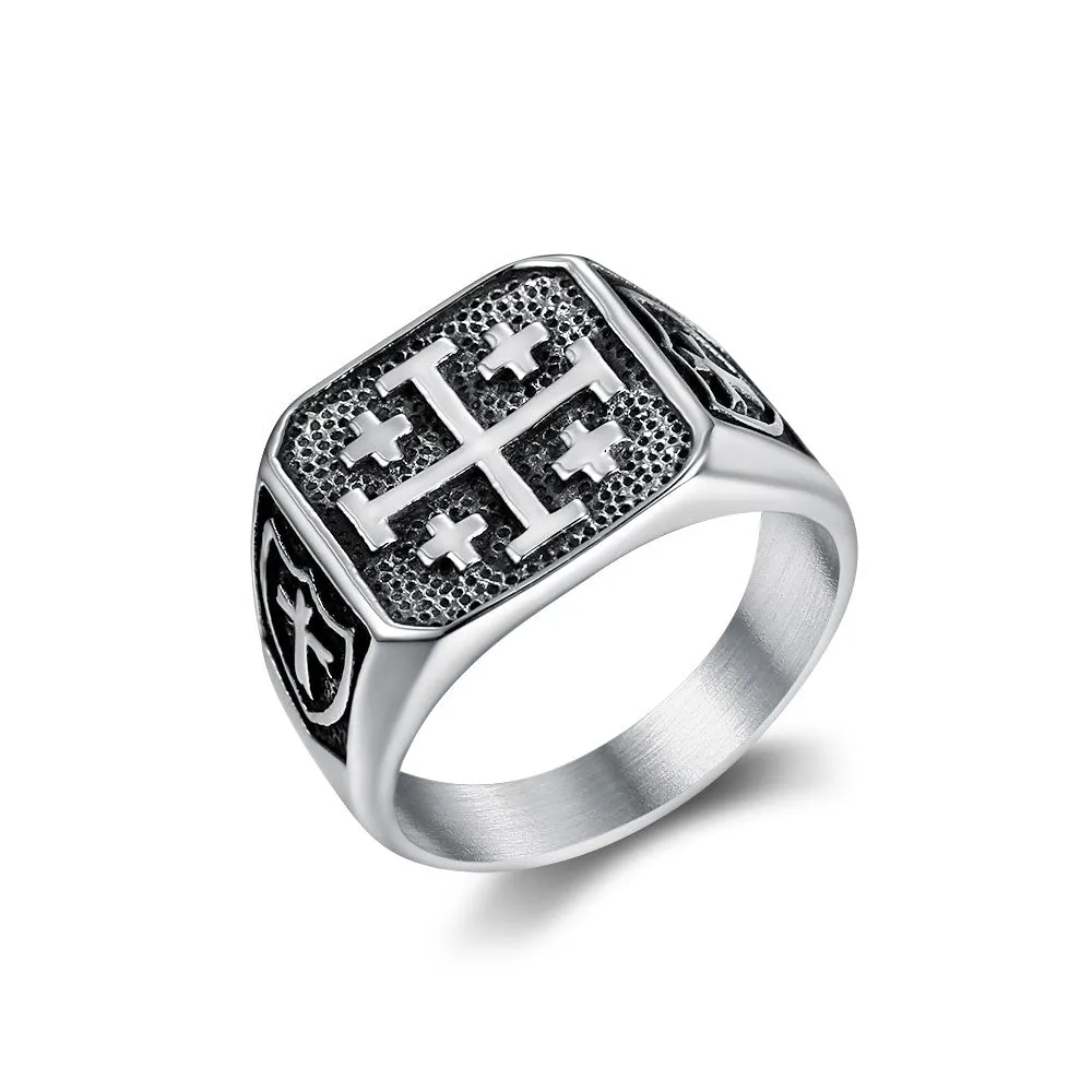 RECTANGULAR GERUSALEM CROSS SIGNET RING