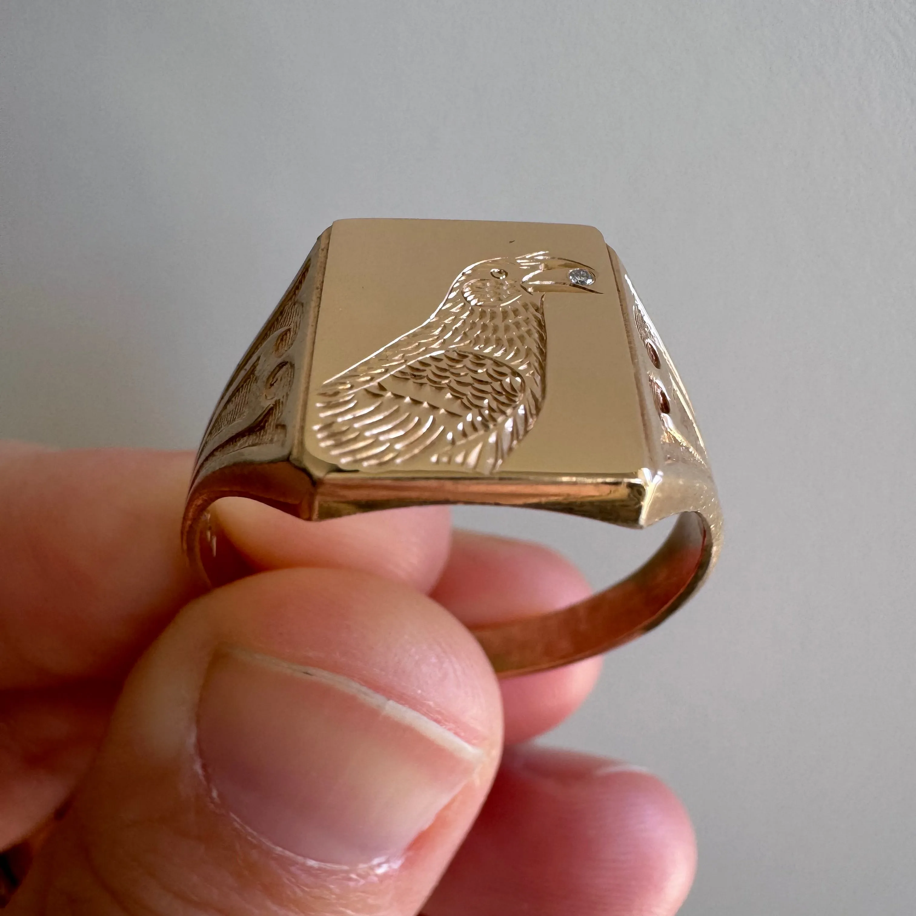 reimagined A N T I Q U E // treasure seeker / 10k rosy gold signet with new crow engraving / size 12