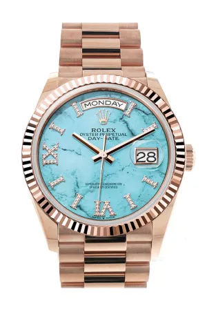 Rolex Day-Date 36 Turquoise Diamond Dial Fluted Bezel 18K Everose gold President Watch 128235