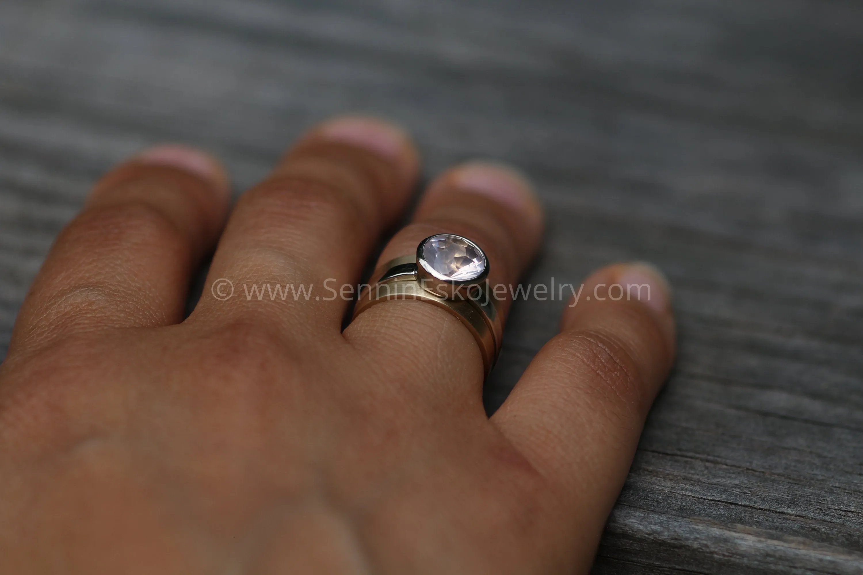 Rose Quartz Bezel Stackable Ring Set - Precision Cut Rose Quartz Ring - Alternative Engagement Ring - Wedding Set