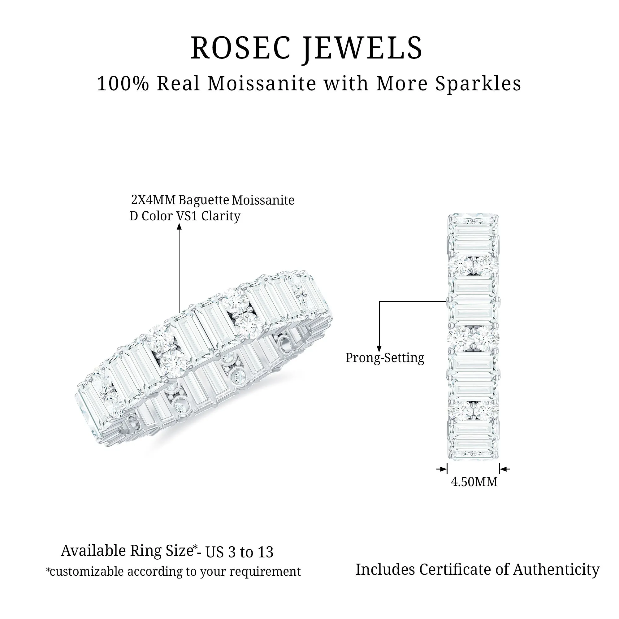 Round and Baguette Cut Moissanite Eternity Anniversary Band