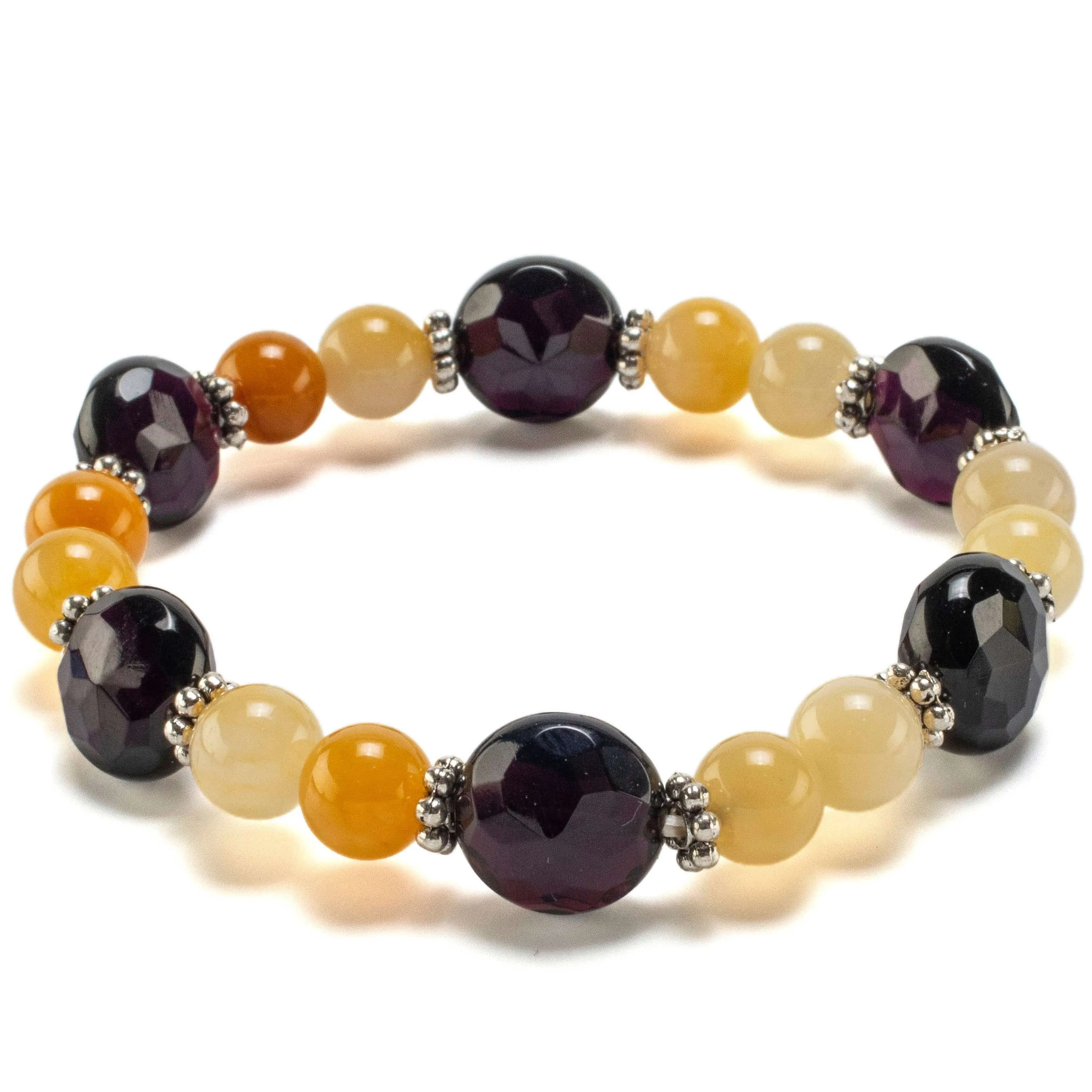 Round Butter Jade and Faceted Flat Circle Black Agate with Accent Beads Gemstone Elastic Bracelet