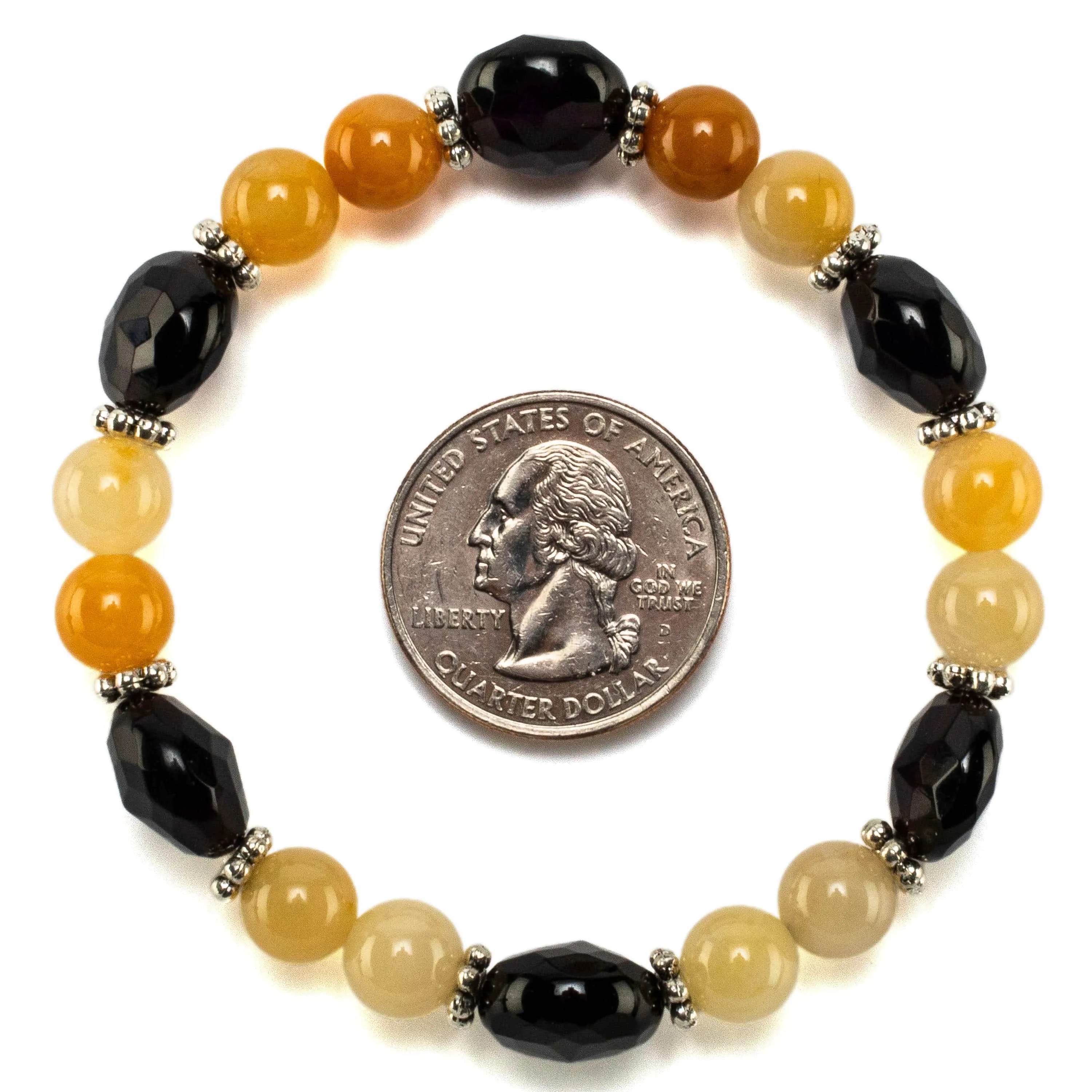 Round Butter Jade and Faceted Flat Circle Black Agate with Accent Beads Gemstone Elastic Bracelet