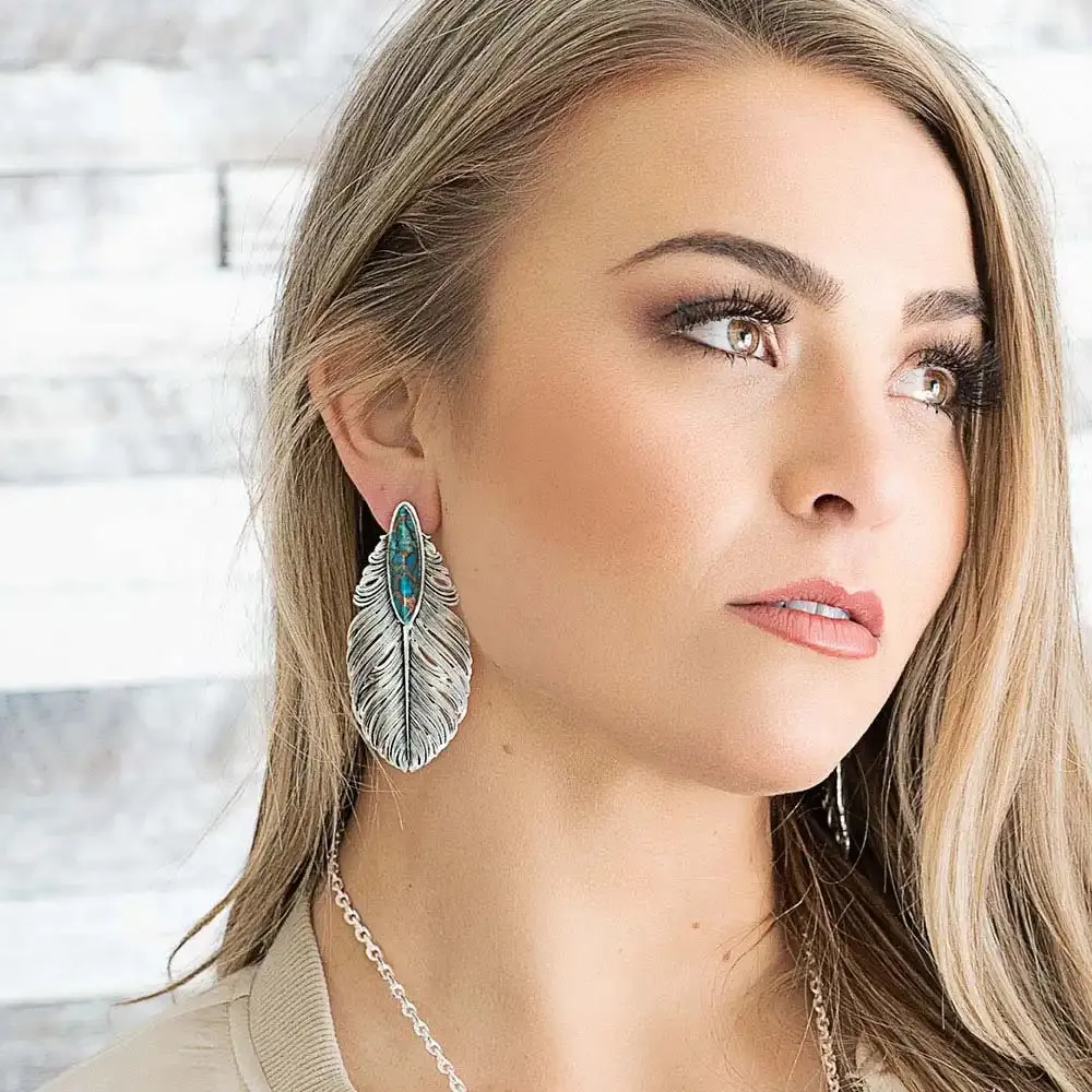 Santa Fe Ruffled Feather Turquoise Earrings