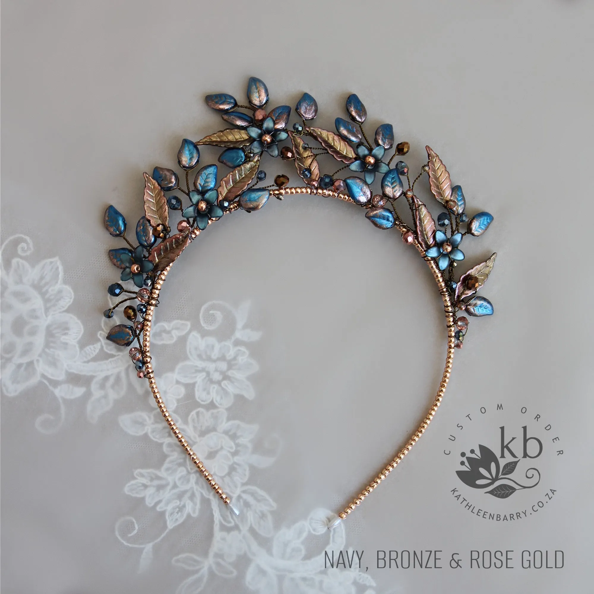 Sanzi floral leaf crown tones of warm rose gold - Autumn shades or navy bronze - custom color options available