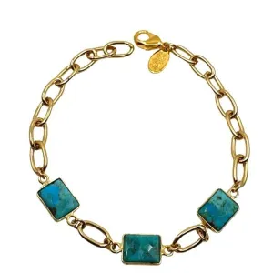 Semi Precious Bezel Set Rectangles on Plated Chain Bracelet: Turquoise (BCG487TQ)