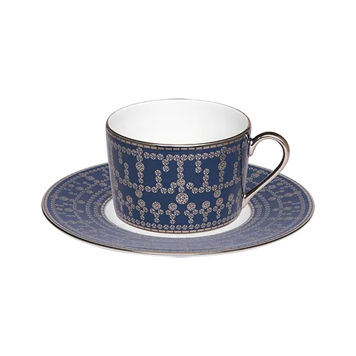 Set of 2 Teacups and Saucers Tiara peacock blue platinum